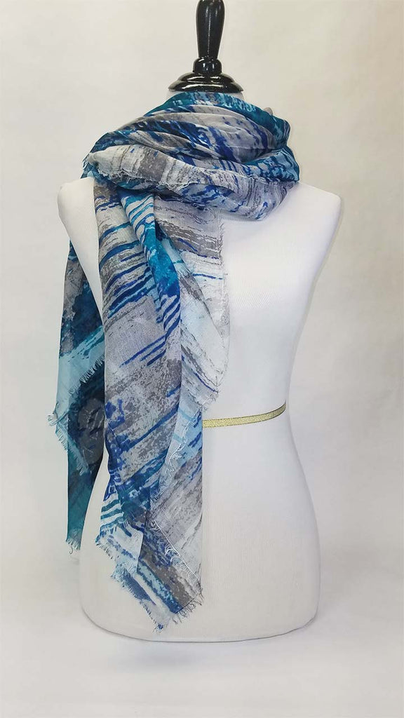 Blue Pacific Waves Silk and Cashmere Scarf
