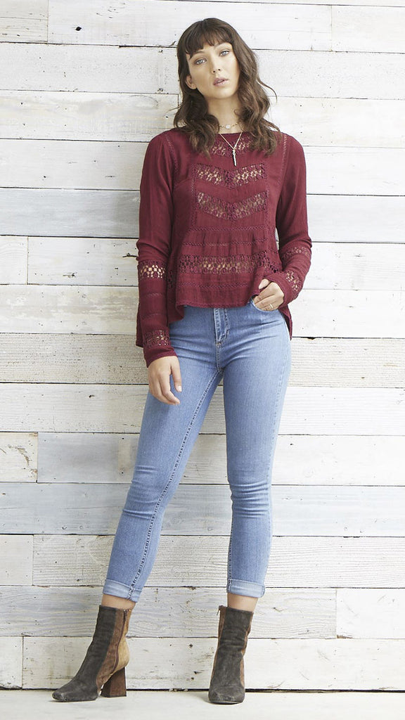 Patrons of Peace Lace Inset Merlot Top