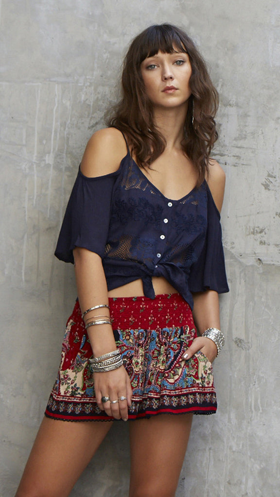 Patrons Of Peace Cold Shoulder Embroidered Mesh Top